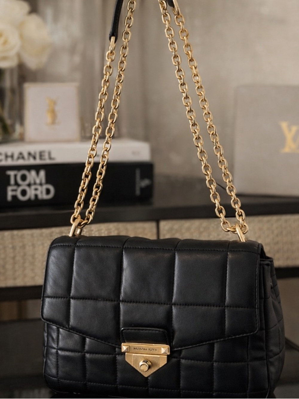 Michael Kors Black Quilted Leather Shoulder Bag with Gold Chain
